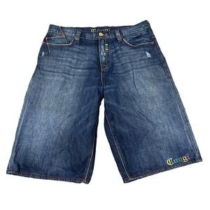 COOGI Mens Y2K Baggy Denim Shorts Blue Embroidered Size 40